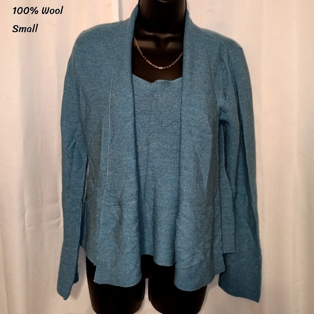 Eileen Fischer teal blue wool cardigan set